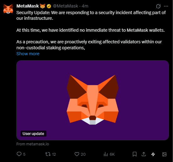 coinbureau's tweet photo. ⚠️ALERT: MetaMask says it is responding to a SECURITY INCIDENT affecting part of its infrastructure.

The wallet provider says it has identified "no immediate threat to MetaMask wallets."

As a precaution, it is exiting affected validators within its non-custodial staking operations.

MetaMask says it does not manage the withdrawal keys for its clients' staked funds.

The incident is ongoing, and MetaMask says it is working with external partners and security advisors to fix it.