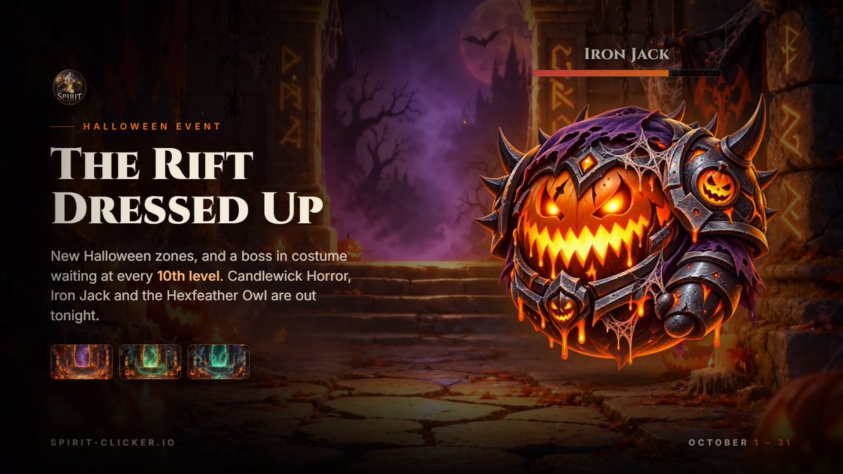 SpiritClicker's tweet photo. Spooktober showed up. 🎃

The Rift tore a little wider and a scarecrow stepped through, green fire in its chest. 

For the next 31 nights, the Hunt belongs to whoever shows up.

Halloween Event. Live now! https://t.co/9cjUAhYzF3