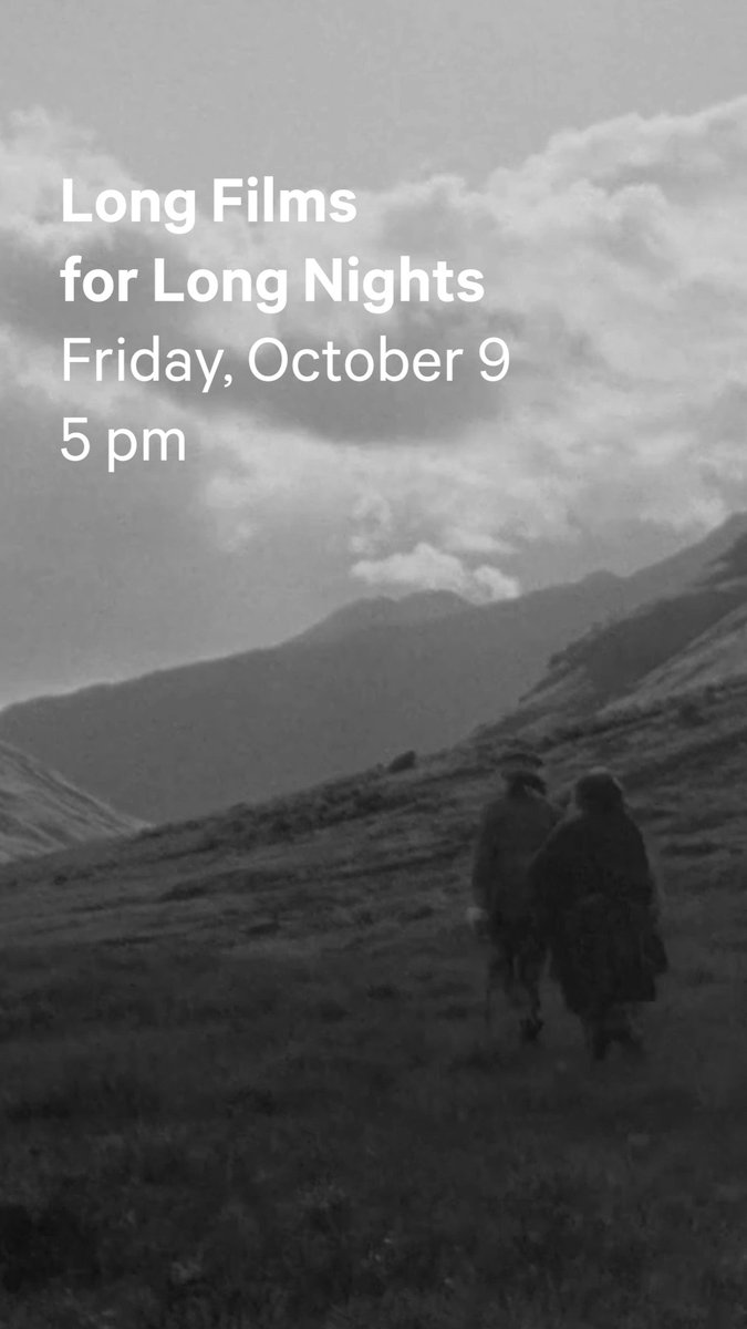 A grayscale promotional poster featuring a moody landscape with mountains, cloudy sky, and silhouetted figures walking across a hillside, overlaid with white text reading "Long Films for Long Nights, Friday, October 9, 5 pm." The stark black-and-white cinematography of the image visually echoes the film's aesthetic and battlefield setting described in the post about the final screening of Peter Watkins' "Culloden (1964)."