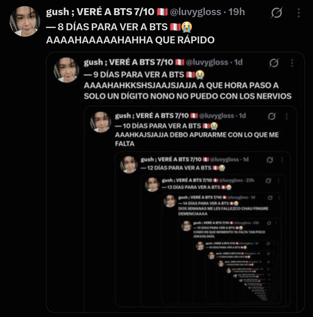 luvygloss's tweet photo. — 7 DÍAS PARA VER A BTS 🇵🇪😭
OKKK???!! NO ESTOY LISTA https://t.co/cFITlZIKAK