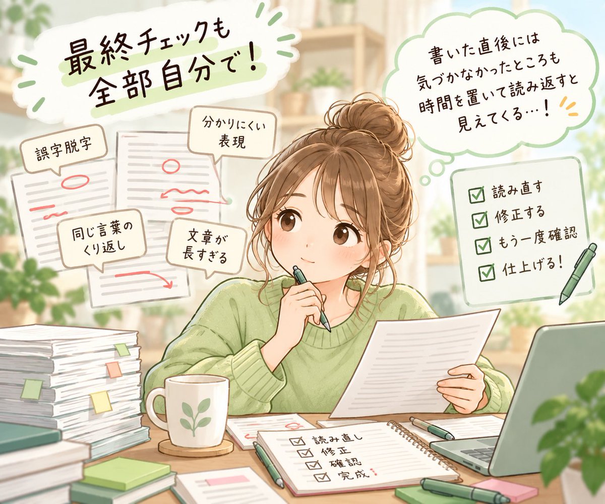 naoyoj8's tweet photo. 最終チェックも、今回は全部自分で。

誤字脱字だけでなく、
「ここは分かりにくい」
「同じ言葉が続いている」
「文章が長い」
など、一つずつ読み返して修正しました。

時間はかかったけれど、自分の文章と向き合う時間になりました。 https://t.co/eRX7dnnKGa