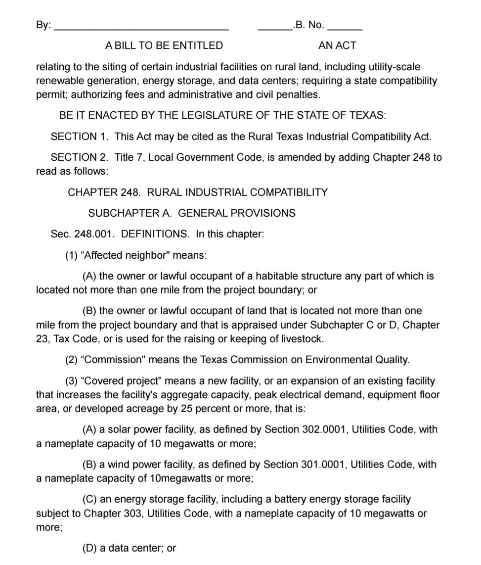 Nancy4Thinking's tweet photo. Rural Texas Industrial Compatibility Act
👩‍🏫 👀🔍📜

A friend reminded me that it is important that sponsors know what work they are supporting. 🤦🏽‍♀️ A little preview of my proposed legislation is attached below. 

I help everyday Texans understand what is happening to their land, their water, and their county; and then help them take the next step before a project is already in the ground. Calls. Research. Printed packets. Meetings. Presentations. Draft language that officials can actually use.

That work has a clear aim: protect rural Texas without pretending the state can never grow.

I have a working draft I want filed in the 90th Texas Legislature: the Rural Texas Industrial Compatibility Act. It is a practical way to say yes to growth in the right places, and no to industrial projects dropped next to homes, wells, and livestock with no real review.

Right now, unincorporated counties cannot zone. That is how utility-scale solar, wind, battery storage, and data centers end up on farm and ranch land before neighbors ever get a fair hearing. This draft changes that.

Before anyone clears a field or hooks up to the grid, they would have to get a state compatibility permit. Independent experts (not the company) would study water, soils, and effects on neighbors and livestock. Homes and herds would get setbacks unless the owner agrees in writing. The water plan would have to be sustainable. No permit, no interconnection.

Landowners could still lease or sell. Oil and gas would stay under existing law. Counties would not get a blank zoning pen. Fees are meant to pay for the program so this is not another bill dumped on taxpayers.

That is the benefit. Rural families keep a say. Farms and ranches are not treated as empty space. Good projects that belong on industrial ground can still move. Neighborhoods and working land get a process worthy of Texas.

I have sent the draft to House and Senate offices (State Representative @brentmoney & @SenatorBobHall )  and asked that this Act be reviewed before pre-file opens November 9.

If you love this country, share this. Tell your representative and senator you want a version of this filed in 2027. Rural Texas can grow without giving up what makes it home.

If you want this work to keep moving (the research, the rooms, the miles, the packets, and the effort to get language like this in front of the people who can file it) I am asking for sponsors and one-time donors. Family businesses and neighbors. Public recognition if you want it. Silent support if you do not.

Lucky Meadows Farm and Favored Realty have already stood with this. You can too.

https://t.co/UMEWCbrSg7  
nancy.white.consulting@proton.me  469-595-1691  
Venmo: @Cinder89  
Cash App: $LEAFconsulting  
Zelle: 469-595-1691

Why does protecting rural Texas matter to you? 
🚜👨‍🌾👩‍🌾🐄🥚🐓🍯🐝🥒🫑🥕🍅💦