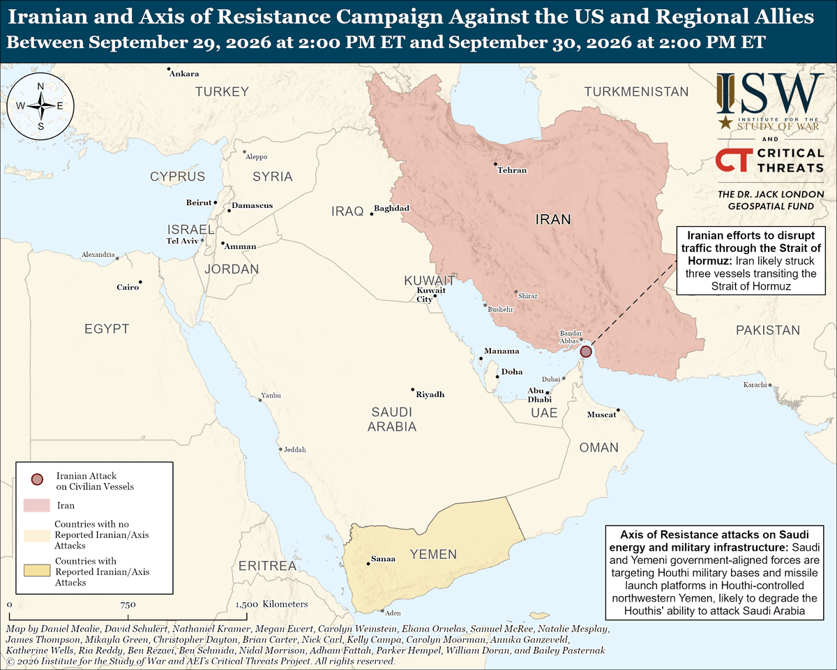 TheStudyofWar's tweet photo. NEW: Defectors from Iranian-backed Iraqi militia Asaib Ahl al Haq have formed a new armed group with “significant” Iranian support, according to the Washington Post on September 30. This report illustrates the obstacles that the Iraqi federal government will face in verifying the disarmament of Iranian-backed Iraqi militias.

Other Key Takeaways:

This breakaway militia may be operating under direct Islamic Revolutionary Guards Corps (IRGC) control.

Several other Iranian-backed Iraqi militias have continued to refuse to disarm even as US-led international coalition forces withdrew from Iraq on September 30.

Kataib Hezbollah also urged all Iraqi militias on September 30 to halt all military operations, with the exception of operations targeting “hostile aircraft” until the Iraqi federal government secures air defense systems.

Iran is attempting to secure an agreement with the United States in which Iran would obtain some economic relief before easing restrictions in the Strait of Hormuz or making any nuclear concessions.

Saudi and Yemeni government-aligned forces are targeting Houthi military bases and missile launch platforms in Houthi-controlled areas of far northwestern Yemen, likely in an effort to degrade the Houthis’ ability to attack Saudi Arabia.