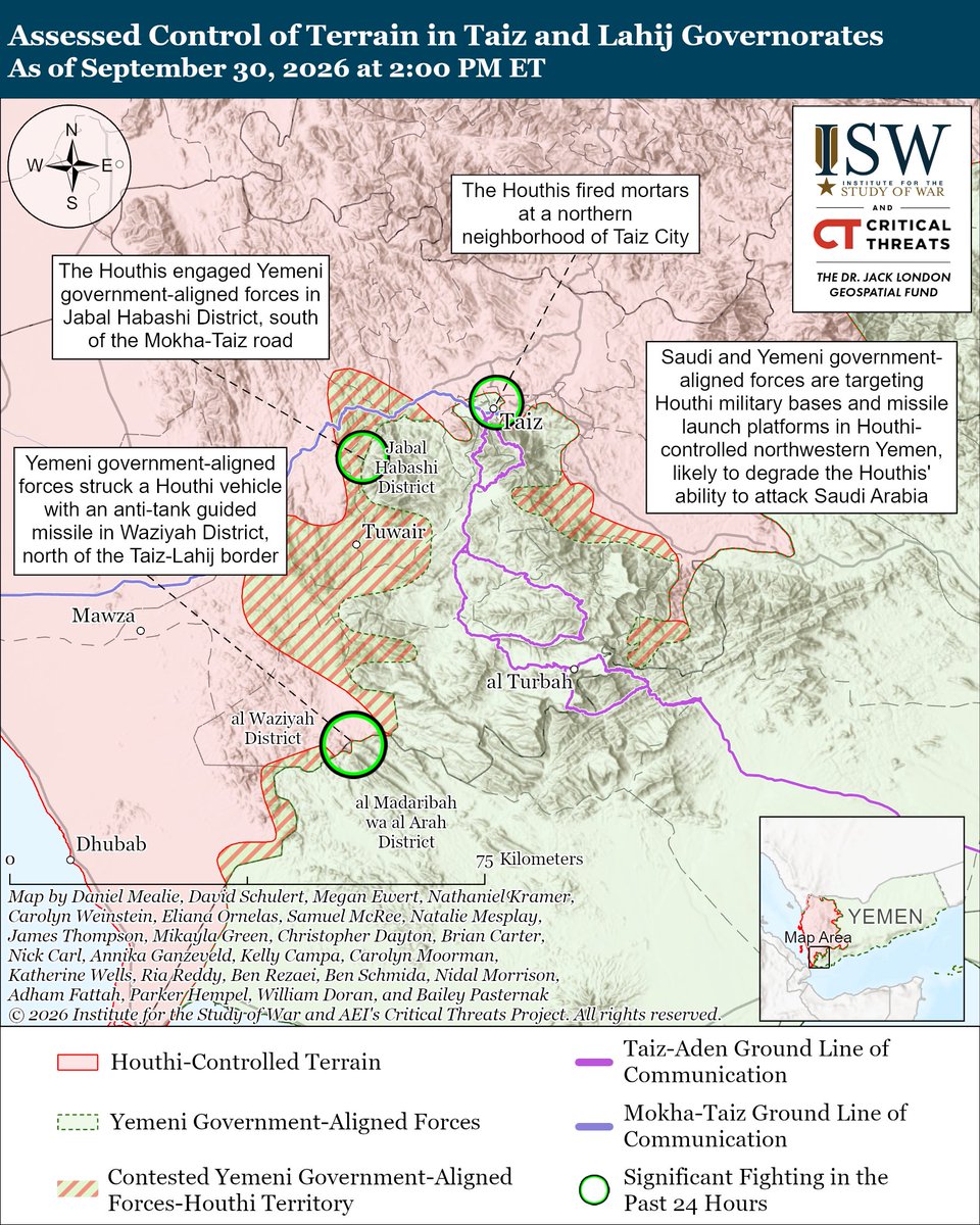 TheStudyofWar's tweet photo. NEW: Defectors from Iranian-backed Iraqi militia Asaib Ahl al Haq have formed a new armed group with “significant” Iranian support, according to the Washington Post on September 30. This report illustrates the obstacles that the Iraqi federal government will face in verifying the disarmament of Iranian-backed Iraqi militias.

Other Key Takeaways:

This breakaway militia may be operating under direct Islamic Revolutionary Guards Corps (IRGC) control.

Several other Iranian-backed Iraqi militias have continued to refuse to disarm even as US-led international coalition forces withdrew from Iraq on September 30.

Kataib Hezbollah also urged all Iraqi militias on September 30 to halt all military operations, with the exception of operations targeting “hostile aircraft” until the Iraqi federal government secures air defense systems.

Iran is attempting to secure an agreement with the United States in which Iran would obtain some economic relief before easing restrictions in the Strait of Hormuz or making any nuclear concessions.

Saudi and Yemeni government-aligned forces are targeting Houthi military bases and missile launch platforms in Houthi-controlled areas of far northwestern Yemen, likely in an effort to degrade the Houthis’ ability to attack Saudi Arabia.