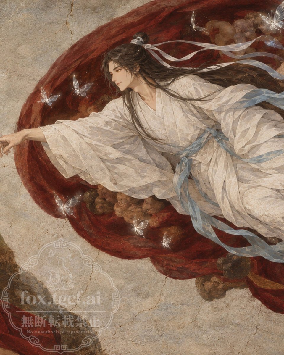 fox29_29's tweet photo. 最近ハマってる絵画パロディ。
天官賜福バージョン。

【ミケランジェロ「アダムの創造」】
八百年待ち続けた人が、やっと伸ばした指先。
その先で、白い衣の神様がこちらへ向かってくる。

AI生成

#TGCFanart #花城 #HuaCheng #XieLian #Hualian https://t.co/4VBzE1w6ln