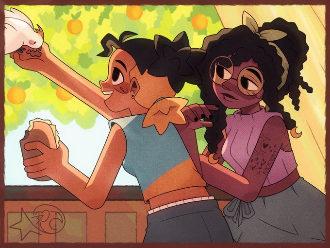 Two illustrated girls pose together on a balcony surrounded by orange trees—one cheerfully reaches up to pet a white bird while holding food, while the other, with curly hair and round glasses, makes a heart with her hands. A tattoo reading "MITCH" and other doodles are visible on the second girl's arm, and a "ZC" signature with a star appears in the corner. The hashtag #idontwanttobeamagicalgirl and its abbreviation #idwtbamg suggest this art reflects themes from that webcomic, with the characters appearing to be its protagonists enjoying everyday slice-of-life moments away from their magical girl duties.