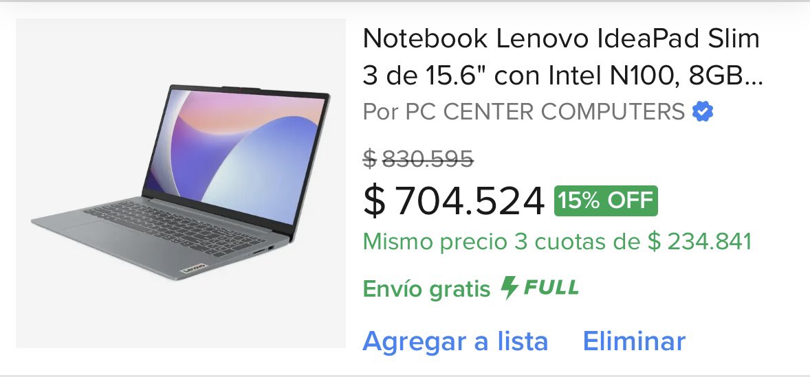 ofertasdar's tweet photo. ¿Buscás una notebook potente para la oficina? La Lenovo IdeaPad Slim 3 con pantalla Full HD de 15.6", procesador Intel N100, 8GB de memoria RAM LPDDR5, 128GB SSD y Wi-Fi 6 💻⚡ 🚚 Envío Gratis 💰 $704.524,58
💳 3 cuotas de $234.841
Compra en Mercado Libre Argentina 👉 https://t.co/bGSlJVgJLZ