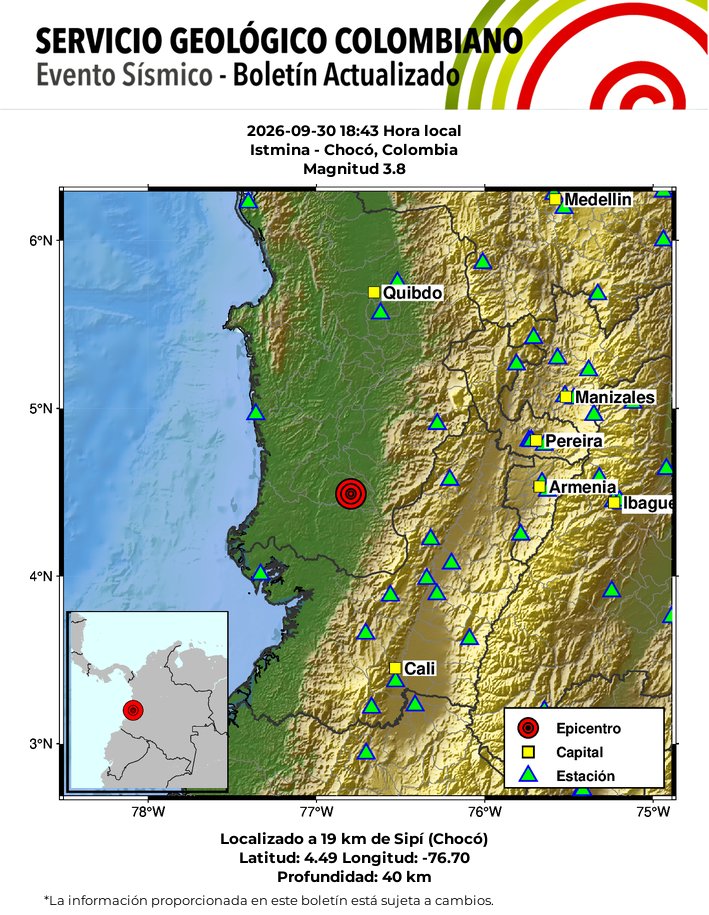 sgcol's tweet photo. #SismosColombiaSGC Evento Sísmico - Boletín Actualizado 1, 2026-09-30, 18:43 hora local Magnitud 3.8. Profundidad 40 km, Istmina - Chocó, Colombia ¿Sintió este sismo? repórtelo https://t.co/pgC7OC2O7j https://t.co/63pt8nVsSe #Temblor #Sismo https://t.co/YHIvvcj1bj