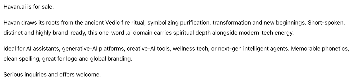 AiDomainsells's tweet photo. https://t.co/I3eocnVQ31 | Premium one‑word .ai domain for sale
Rooted in ancient ritual meaning transformation &amp; renewal. A distinctive brand canvas for AI agents, generative AI and future‑focused tech projects. Make your offer.
#ai #Domain #domainforsale #DomainNameForSale https://t.co/Q2jYn9ZHq9