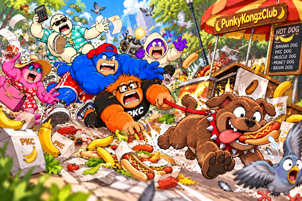PKC_100's tweet photo. The CEO chased the pigeon… and found a hot dog stand. 🌭🐶
The Muscle pushed, the Brain tried to stop it, and the Money Guy calculated the losses mid-air.
Orange grabbed the leash again. That was the mistake.
The dog got the hot dog. The company got the bill. 💸
$PKC — CEO snacks are now operating expenses.
#PunkyKongzClub #PKC #punkvism #Solana #MemeCoin