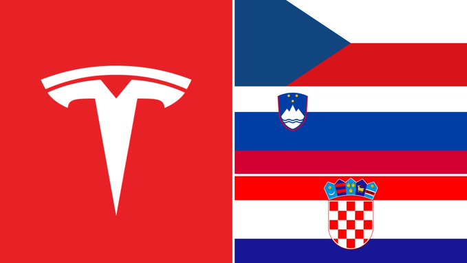 The image features the Tesla logo on a red background alongside the flags of the Czech Republic and Croatia, visually reinforcing the post's data about Tesla's strong year-over-year unit sales growth in the Czech Republic (+18%) and Croatia (+186%) as supplement to the highlighted Slovenia figures, with anticipation of future FSD-driven performance boosting $TSLA.
