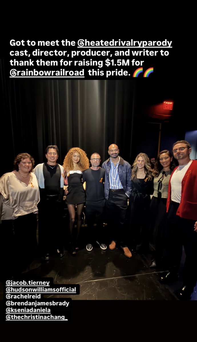 hudsonconnorupd's tweet photo. New photo of Hudson Williams and the rest of the Heated Rivalry cast and crew with Muneer Panjwani, who is part of the Board of Directors of Rainbow Railroad. 

“Got to meet the Heated Rivalry cast, director, producer, and writer to thank them for raising $1.5M for Rainbow Railroad this pride. 🌈🌈”

(Let’s ignore the wrong @)