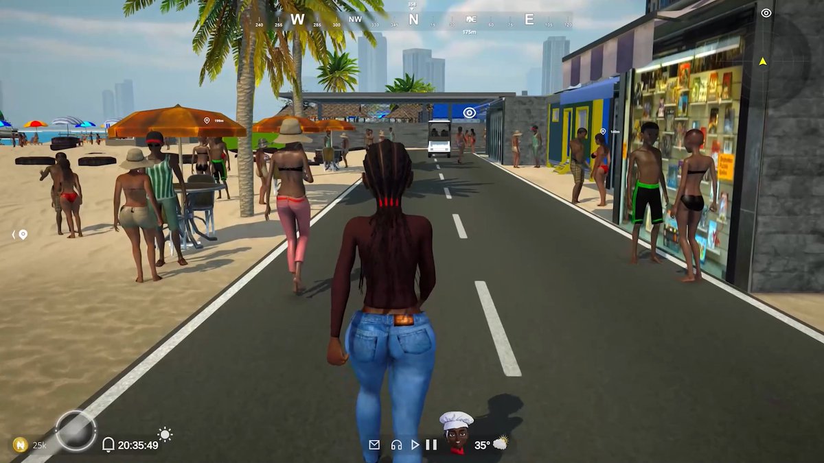 A screenshot from a 3D life simulation video game showing a female character with braided hair and blue jeans standing on a boardwalk next to a beach, with various other characters, shops, and a city skyline visible.