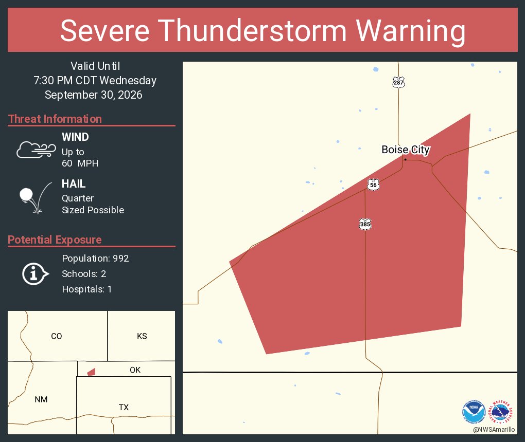 NWSAmarillo's tweet photo. Severe Thunderstorm Warning continues for Boise City OK until 7:30 PM CDT https://t.co/LHER6ycOif