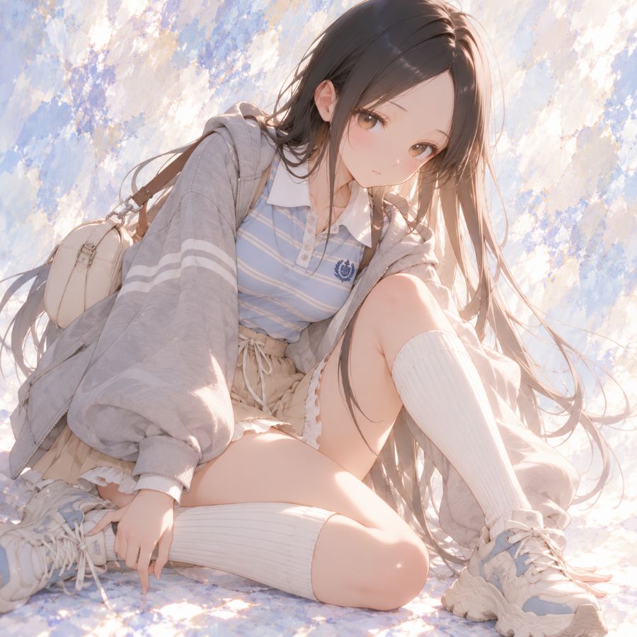 yaya_karame's tweet photo. 新しい衣装です🥰
パステル・キャンパスがテーマです🌞
よかったら着てみてね～💕
#衣装プロンプト
contemporary, preppy, sporty, cozy, highly detailed clothes, layered clothes, ivory pointed collar, pale sax-blue striped polo shirt, horizontal ivory stripes, short sleeves, wide ivory sleeve cuffs, short button placket, small navy crest embroidery, light gray oversized zip-up hoodie, hooded jacket, open hoodie, dropped shoulders, very voluminous balloon sleeves, ribbed cuffs, double ivory sleeve stripes, silver zipper, beige high-waist mini skirt, gathered waist, ivory drawstring, flared skirt, single wide beige outer skirt layer, narrow ivory ruffled underskirt edge, ivory ribbed knee-high socks, chunky ivory sneakers, pale sax-blue sneaker panels, beige sneaker panels, thick sculpted soles, ivory laces, small silver hardware, ivory shoulder bag, brown leather shoulder strap, detailed clothes, fashion