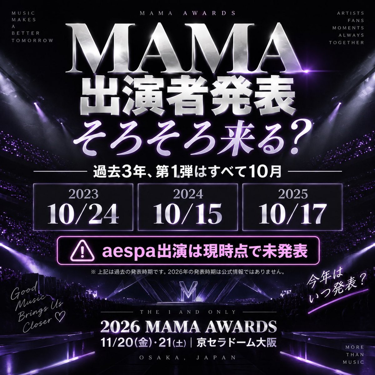 aespa_shimekiri's tweet photo. 👀 2026 MAMA、そろそろ出演者発表くる？

今年のMAMA AWARDSは
📍京セラドーム大阪
🗓11/20(金)・21(土)

過去3年の第1弾出演者発表は👇

2023 → 10/24
2024 → 10/15
2025 → 10/17

3年連続で10月。
直近2年は10月中旬に発表されています。

今年もそろそろ動きがあるかも…👀

⚠️現時点でaespaの出演は未発表。

でも今年は大阪開催。
日本MYとしては期待してしまう🥹

aespa来ると思う？
「来ると思う🙋‍♀️」「どうやろ🤔」だけでもコメントで予想聞かせて👇

MAMAの出演者発表が出たらすぐ追います。
見逃したくないMYはフォローして待ってて🌙

#aespa #MAMAAWARDS #2026MAMA #MYJ