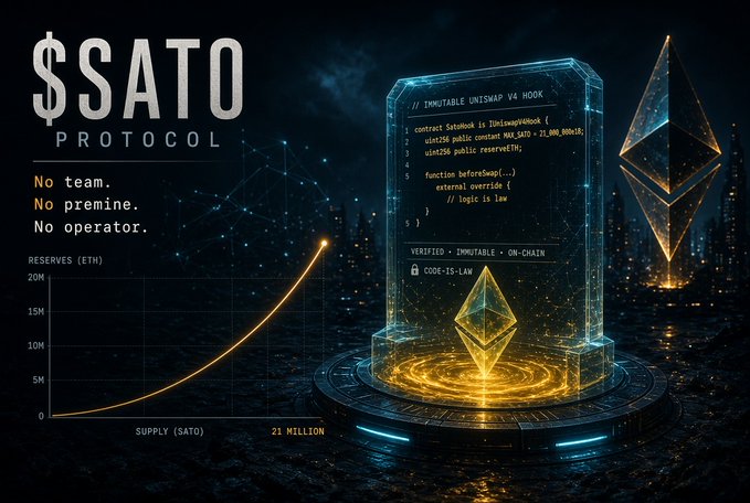 A promotional graphic for "$SATO PROTOCOL" displays a glowing Ethereum diamond and a code snippet, with the slogans "No team. No premine. No operator." and a supply chart for 21 million tokens.