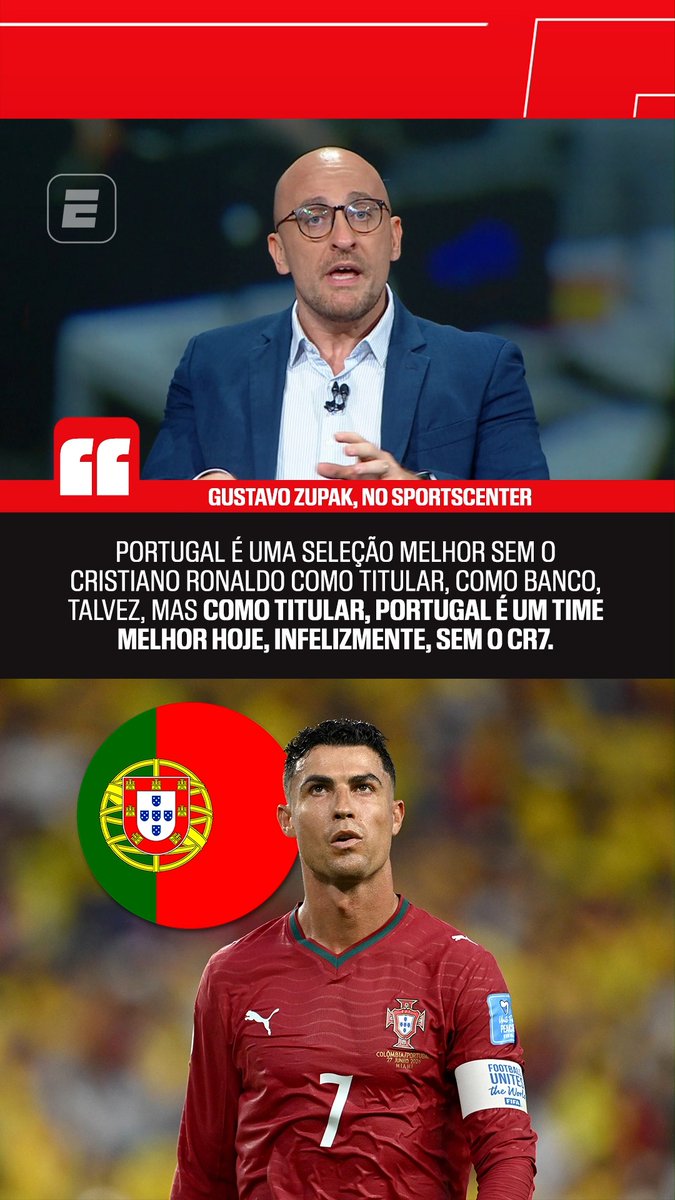 Gustavo Zupak on ESPN's SportsCenter states that "Portugal is a better team today without CR7," referencing Cristiano Ronaldo's recent departure from the national team amid conflicts with coach Jorge Jesus. The image shows Zupak in the studio above a photo of Ronaldo in his #7 Portugal jersey alongside the Portuguese flag.