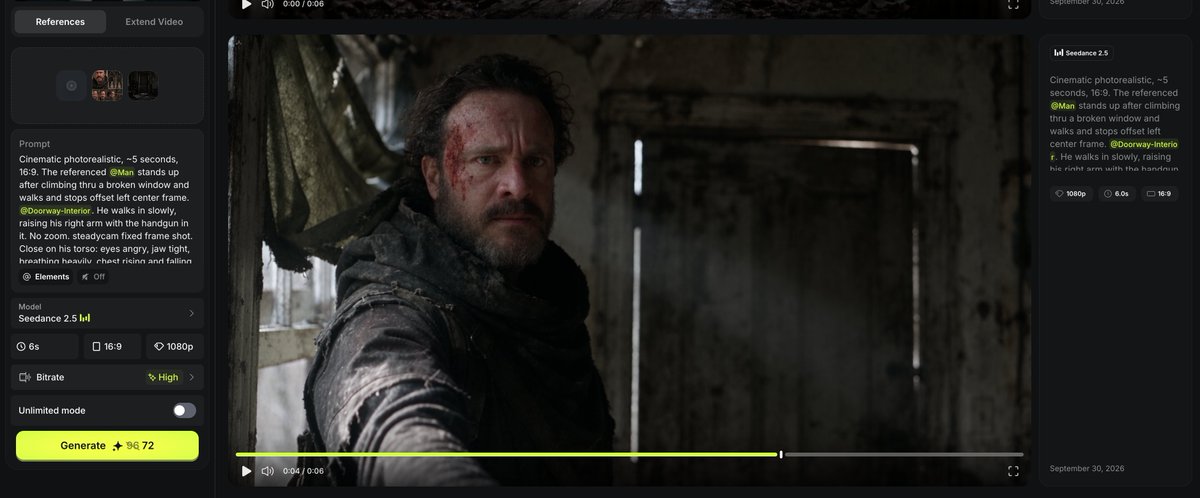 bubs's tweet photo. Then for each video I had to describe every shot and usually took some adjusting to get it to angle in the right way and look as I wanted it to.

"Cinematic photorealistic, 16:9. The referenced [man] stands up after climbing thru a broken window and walks and stops offset left center frame. [interior doorway]. He walks in slowly, raising his right arm with the handgun in it. No zoom. steadycam fixed frame shot. Close on his torso: eyes angry, jaw tight, breathing heavily, chest rising and falling. The gun trembles slightly in his hand. He looks at a zombie with anger. his breathing shakes. Sound: only his heavy breathing, no music. No gore, no dialogue, no other people. He is wearing dark dirty canvas jacket, he has short stubble beard. His face is dirty. his shirt under the jacket is tattered and dirty. His hands are dirty."
