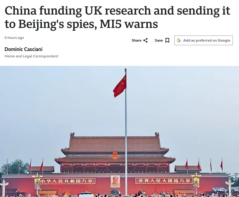 mrbcyber's tweet photo. Western Universities are assisting China with technology that is being used for espionage, including AI, covert communication.

The Chinese government has a massive global espionage campaign stealing western technology.  But many times it just pays Universities to assist with the development.  Insane when you think about it.  Would we have handed advanced technology to the USSR or Nazi Germany?