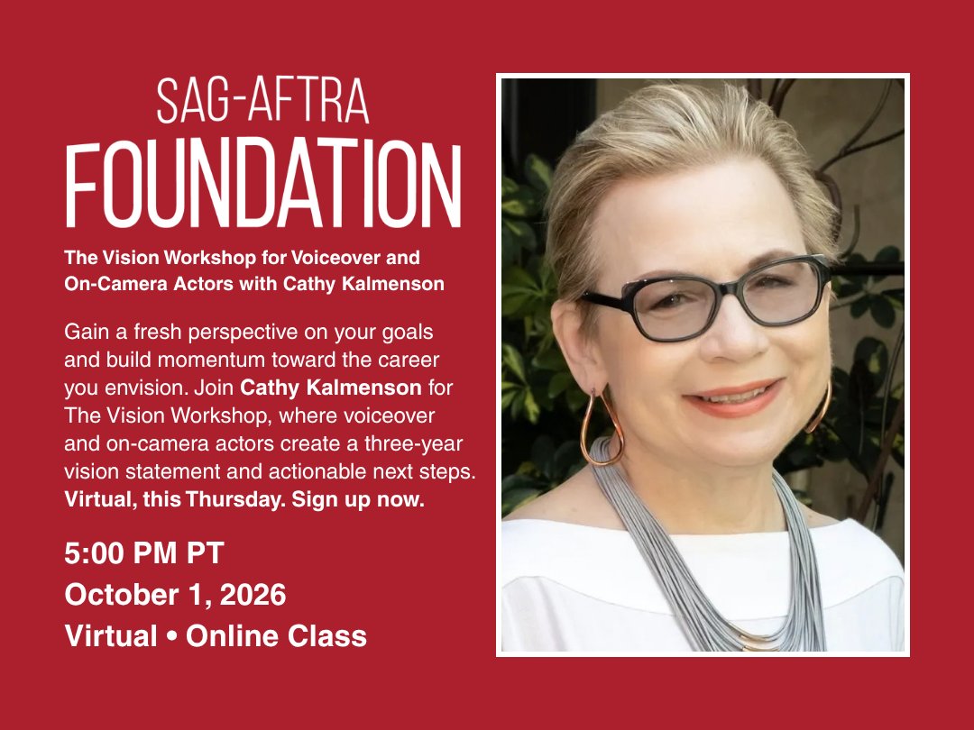sagaftraFOUND's tweet photo. Build a clear vision for your voiceover or on-camera career. Join Cathy Kalmenson for The Vision Workshop and create a three-year vision statement. Virtual, Thu, Oct 1 at 5pm PT.

Sign up: https://t.co/MvR4P0hfp2 https://t.co/Pc3p4evFWA