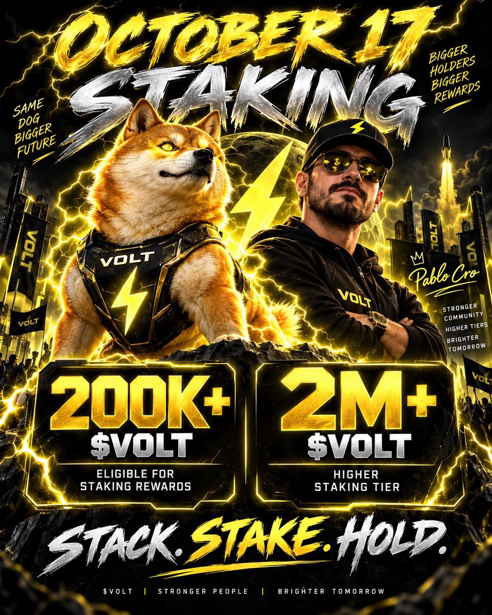 MK_Shady20's tweet photo. ⚡️ OCTOBER 17 — $VOLT STAKING IS COMING! ⚡️

Pablo is taking $VOLT to another level. 🔥

Instead of simply holding your tokens, eligible holders will be able to STAKE their $VOLT and earn a share of the ecosystem’s tax revenue.

⚡️ 200K+ $VOLT → Eligible for staking rewards
⚡️ 2M+ $VOLT → Access to the higher staking tier with a much larger share of the tax distribution

That means the community gets rewarded for holding, staking, and supporting the ecosystem instead of everything going back to the team.

📅 October 17 is the date.

⚡️ VOLT LINKS ⚡️

🌐 Website: https://t.co/os32hL5tJi
💰 VOLT ECO / Staking: https://t.co/vrGxW4ayrG
💬 Telegram: https://t.co/9yolwdK12m
📜 Contract: 0x5d102d1e69e77591d486aa4f663b3645151bbdf6

STACK. STAKE. HOLD. ⚡️🐕

#VOLT #VOLTARMY #CryptoWhale #robinhood