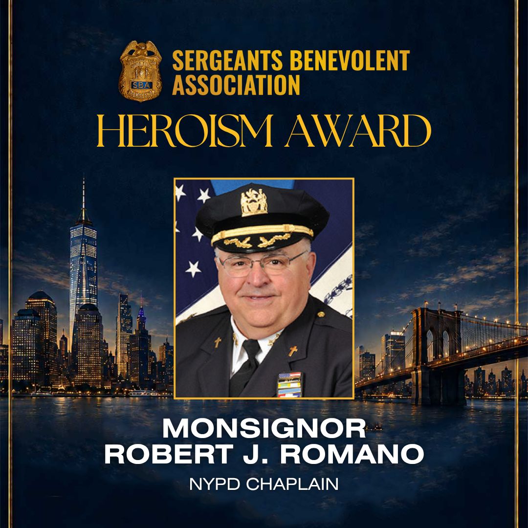 sbanypd's tweet photo. The SBA was proud to honor NYPD Chaplain Monsignor Robert Romano at tonight's annual Heroism Awards Gala. For decades, he has stood beside the men & women of the NYPD, as well as the families of those who made the ultimate sacrifice. Thank you for standing with us, caring for our families, and never forgetting our fallen heroes.