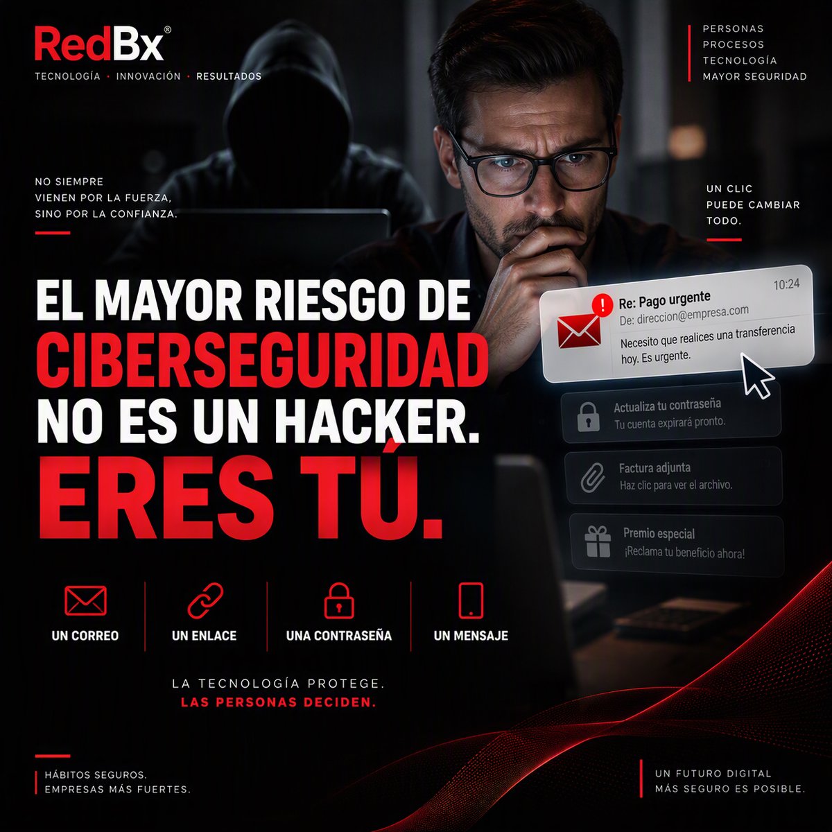 RedBxOficial's tweet photo. El mayor riesgo de ciberseguridad no siempre es un hacker.
A veces es:

📧 Un correo. 🔗 Un enlace. 🔑 Una contraseña. 📱 Una decisión apresurada.

La tecnología protege.
Las personas deciden.

#Ciberseguridad #CyberSecurity #RedBx https://t.co/MJYMHJLTKy