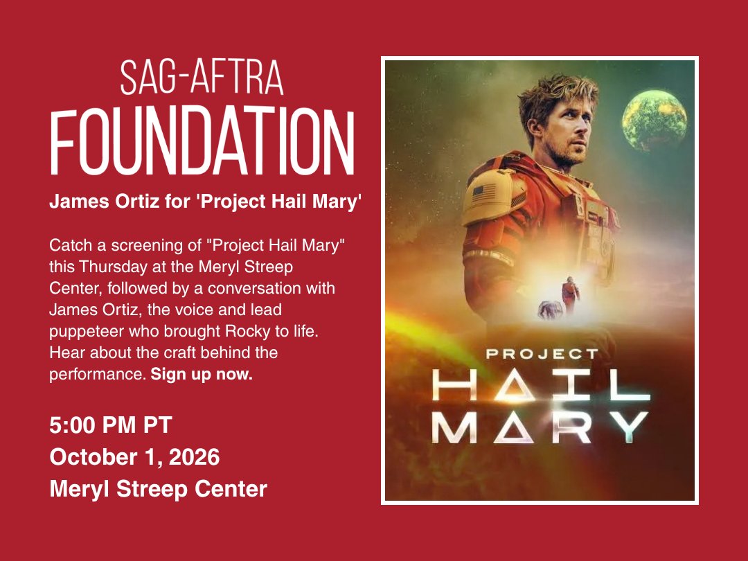 sagaftraFOUND's tweet photo. Screening of "Project Hail Mary" followed by a conversation with James Ortiz, the voice and puppeteer behind Rocky. Thu, Oct 1 at 5pm PT, Meryl Streep Center. 

Sign up: https://t.co/465EzKbquC https://t.co/69bB5pTmfG