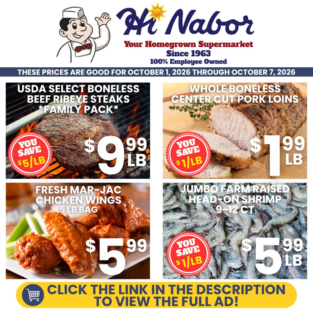 Hi_Nabor's tweet photo. 🛒 At Hi Nabor We're Holding Down The Prices To Save You More! (10/1/26 - 10/7/26)
🥩 Ribeyes $9.99/lb
🐖 Pork Loins $1.99/lb
🍗 Wings $5.99
🍌 Bananas 49¢/lb
🚜 PLUS our special Farmer's Market Sale ALL WEEK! 🍅
🔥 Shop the deals: https://t.co/FjJrXEloT3 https://t.co/u5d8jmORVu