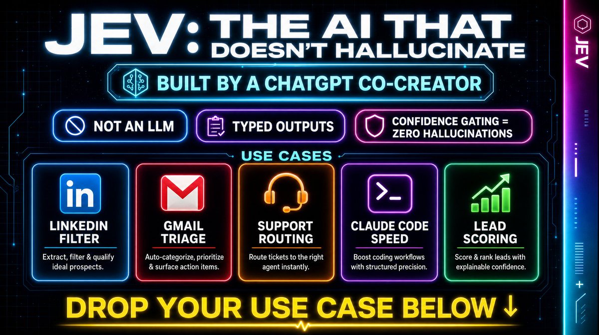 LawtonSolution's tweet photo. Jev isn't an LLM.

Built by a ChatGPT co-creator.

Typed outputs. Confidence gating. No hallucinations.

5 builds:
- LinkedIn filter
- Gmail triage
- Support routing
- Claude Code speed
- Lead scoring

Drop your use case below. https://t.co/3MCYuKgAjw