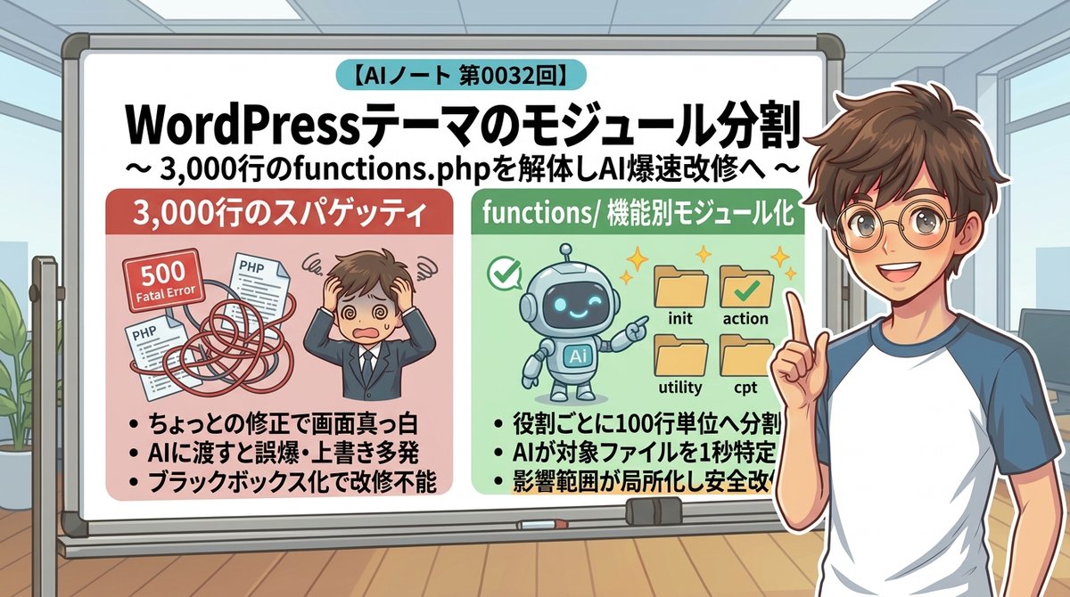 ChairOscar's tweet photo. 3,000行のfunctions.php、触るのが怖くありませんか？

完全モジュール分割したらWordPressの改修速度が劇的向上⚡️

① 責務ごとのファイル完全分離
② autoloaderで安全読…
③ AIによる自動リファクタ

見返せるよう【ブックマーク】保存をどうぞ👇（詳細はリプ欄へ）

#WordPress https://t.co/zYHwePKXam