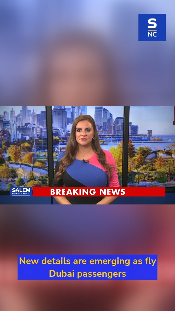 A Salem News Channel broadcast shows a female news anchor with a 'BREAKING NEWS' ticker, overlaid with text 'New details are emerging as fly Dubai passengers'.
