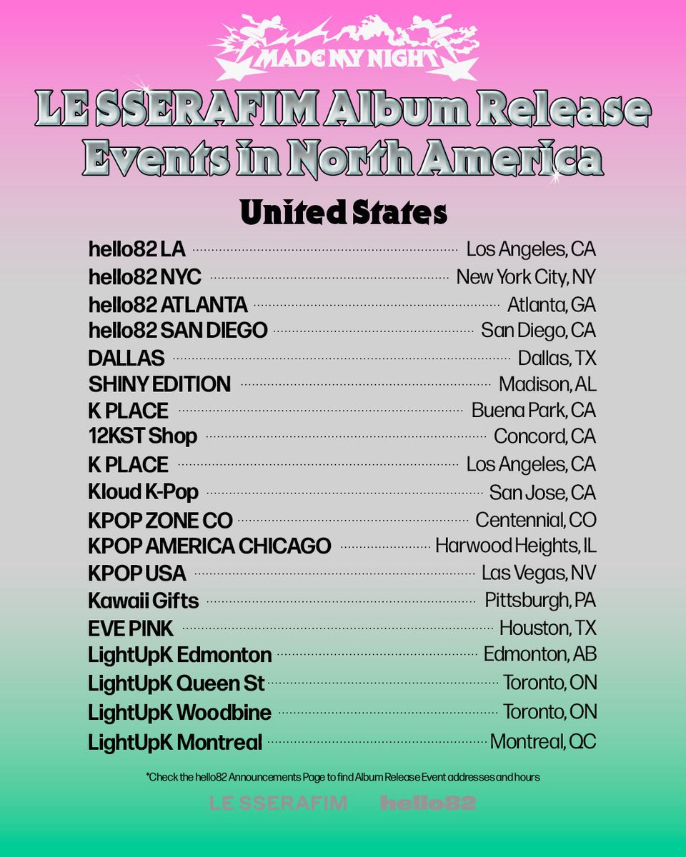hello82official's tweet photo. Fear no more, LE SSERAFIM is here 💫
Make your night extra special by heading to a LE SSERAFIM Album Release Event!

🌃 10/9 - 10/11 | Hours may differ

Find a LE SSERAFIM Album Release Event near you ⬇️
🔗 https://t.co/J6CFDEWx9m

*All qualifying U.S. sales count towards Billboard Charts

@le_sserafim 
#LE_SSERAFIM #르세라핌 #MadeMyNight #hello82