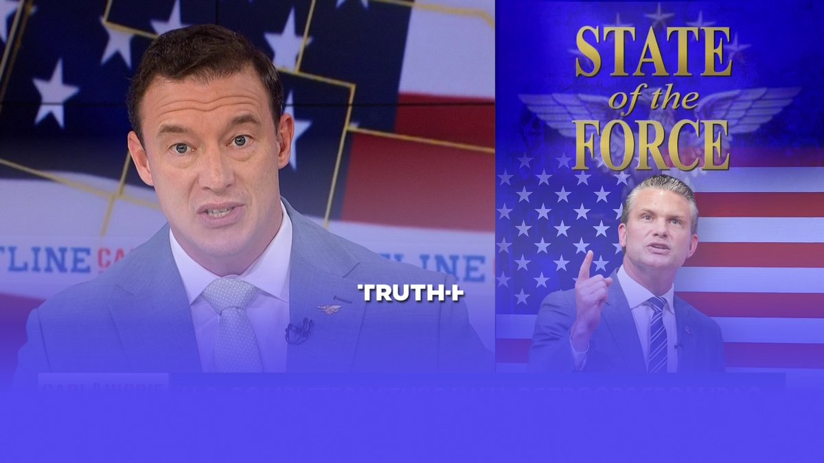 The image shows a split-screen news segment featuring a commentator on the left and Pete Hegseth under a "State of the Force" banner on the right, with "TRUTH+" displayed in the center—aligning with the post's discussion of Hegseth's proposed 20% cuts to military generals and admirals on Truth+.