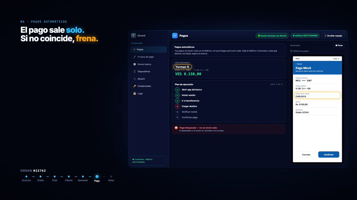 Silver5ai's tweet photo. Te pasan una cuenta para pagar y el titular no es la persona de la orden 👀

Silver5 revisa el nombre antes de pagar. Si no coincide, frena y te muestra por qué. El pago no sale. https://t.co/oNzDnnwZ0t