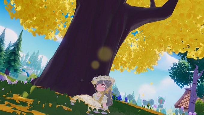 An animated illustration shows a small character in a bonnet and dress sitting under a large tree with golden-yellow autumn foliage on a sunny hillside.