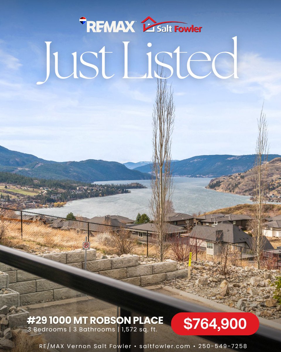 SaltFowlerBC's tweet photo. β¨ Turnkey three-level townhome in the Infinity complex with panoramic Kalamalka Lake views and direct access to Middleton Mountain trails.
π 29 1000 Mt Robson Place
π² $764,900
#JustAddSalt #SaltFowler #RemaxVernon #VernonRealtor #VernonRealEstate https://t.co/OAQqAzXyLe