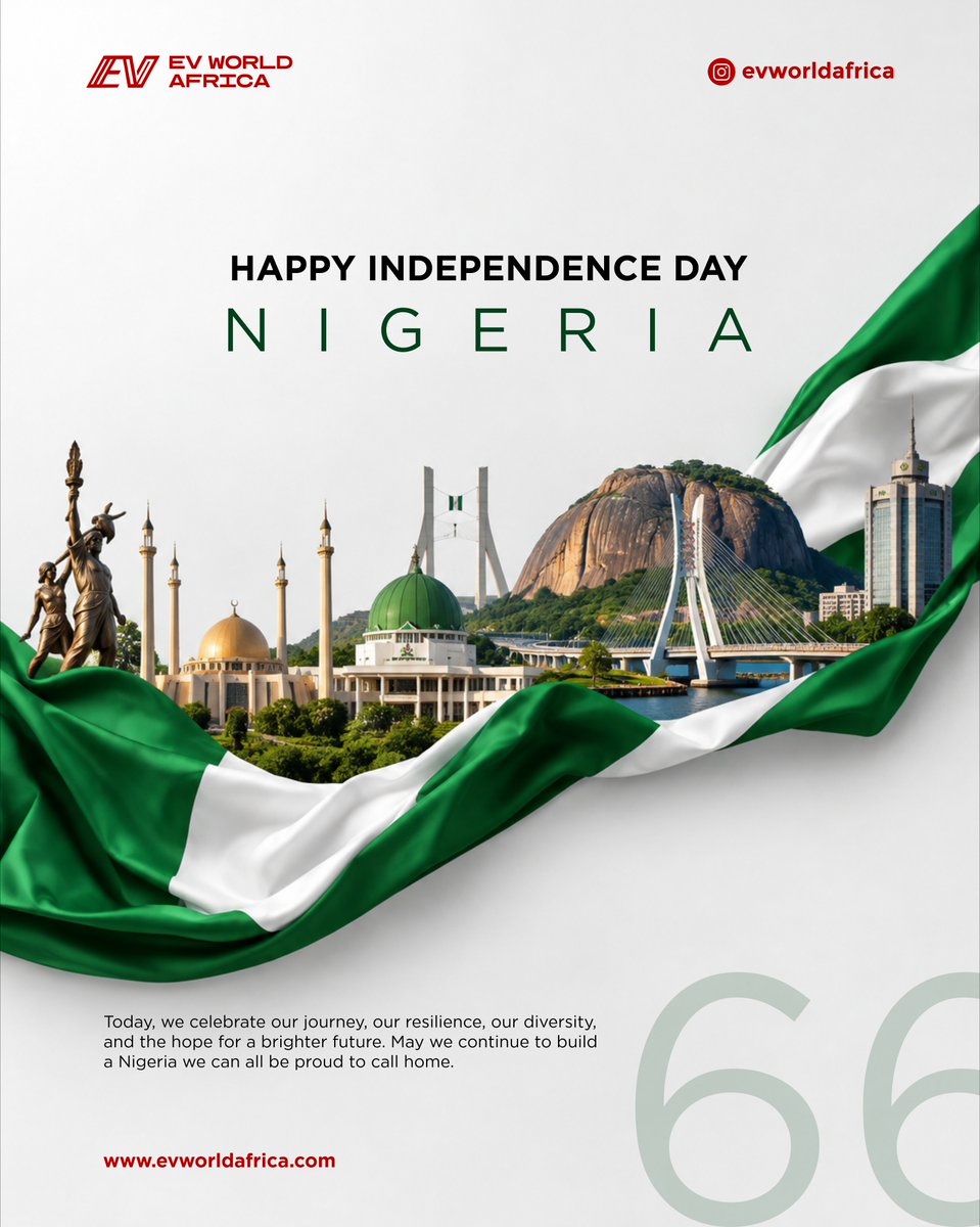evworldafrica's tweet photo. Happy Independence Day

As Nigeria celebrates another year of independence, we look ahead to a future powered by cleaner energy, smarter mobility, and sustainable transportation. https://t.co/LFWxEP8j3m