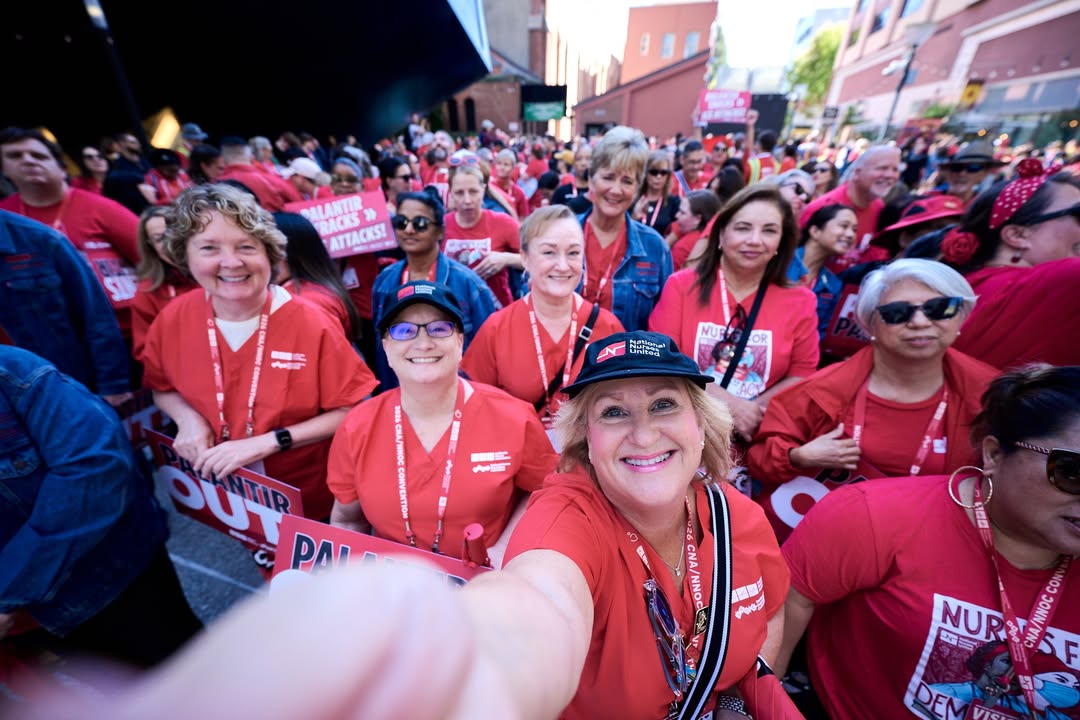NationalNurses's tweet photo. Nurses ✊ shut ✊ it ✊ down ✊ in San Francisco today to demand Palantir out of our health care, out of our communities, and out of our society. https://t.co/f3PFBW8HyR
