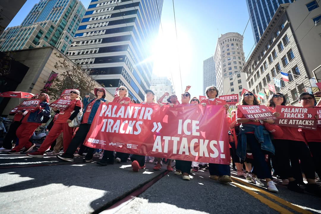 NationalNurses's tweet photo. Nurses ✊ shut ✊ it ✊ down ✊ in San Francisco today to demand Palantir out of our health care, out of our communities, and out of our society. https://t.co/f3PFBW8HyR