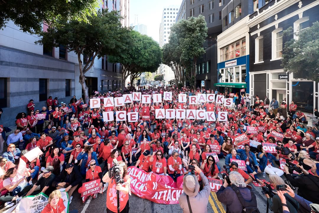 NationalNurses's tweet photo. Nurses ✊ shut ✊ it ✊ down ✊ in San Francisco today to demand Palantir out of our health care, out of our communities, and out of our society. https://t.co/f3PFBW8HyR