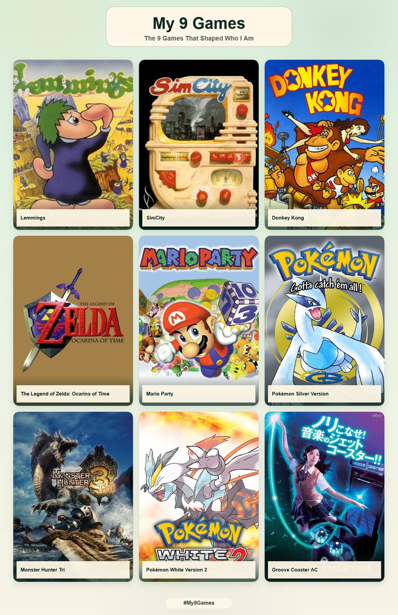 Lesserkuma's tweet photo. Games That Shaped Who I Am #My9Games

1. Lemmings (PC)
2. SimCity (SNES)
3. Donkey Kong (SGB)
4. The Legend of Zelda: Ocarina of Time (N64)
5. Mario Party (N64)
6. Pokémon Silver (GBC)
7. Monster Hunter Tri (Wii)
8. Pokémon White 2 (DS)
9. Groove Coaster (Arcade) https://t.co/uePQMxl8hE