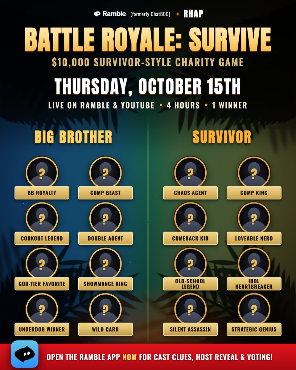 ramble_hq's tweet photo. BATTLE ROYALE 2 is coming Oct 15!

16 legends from Big Brother & Survivor will compete in a 4-hour game.  2 tribes. 1 winner gets $10,000 for charity. Watch LIVE + impact the game on Ramble.

Open the app now for cast clues, host reveal & voting 👀

If we invite a few more players...who do you want to see??