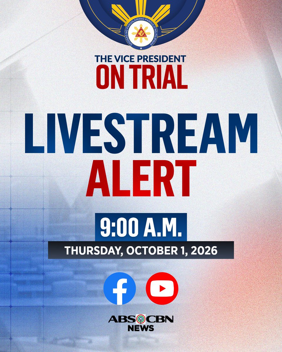 ABSCBNNews's tweet photo. Babantayan ng ABS-CBN News ang mahahalagang pangyayari sa ika-32 araw ng impeachment trial ni VP Sara Duterte ngayong Huwebes, Oktobre 1, 2026. #VPOnTrial
PANOORIN: https://t.co/uWbvEUxVYG https://t.co/pGZUf5yWzi