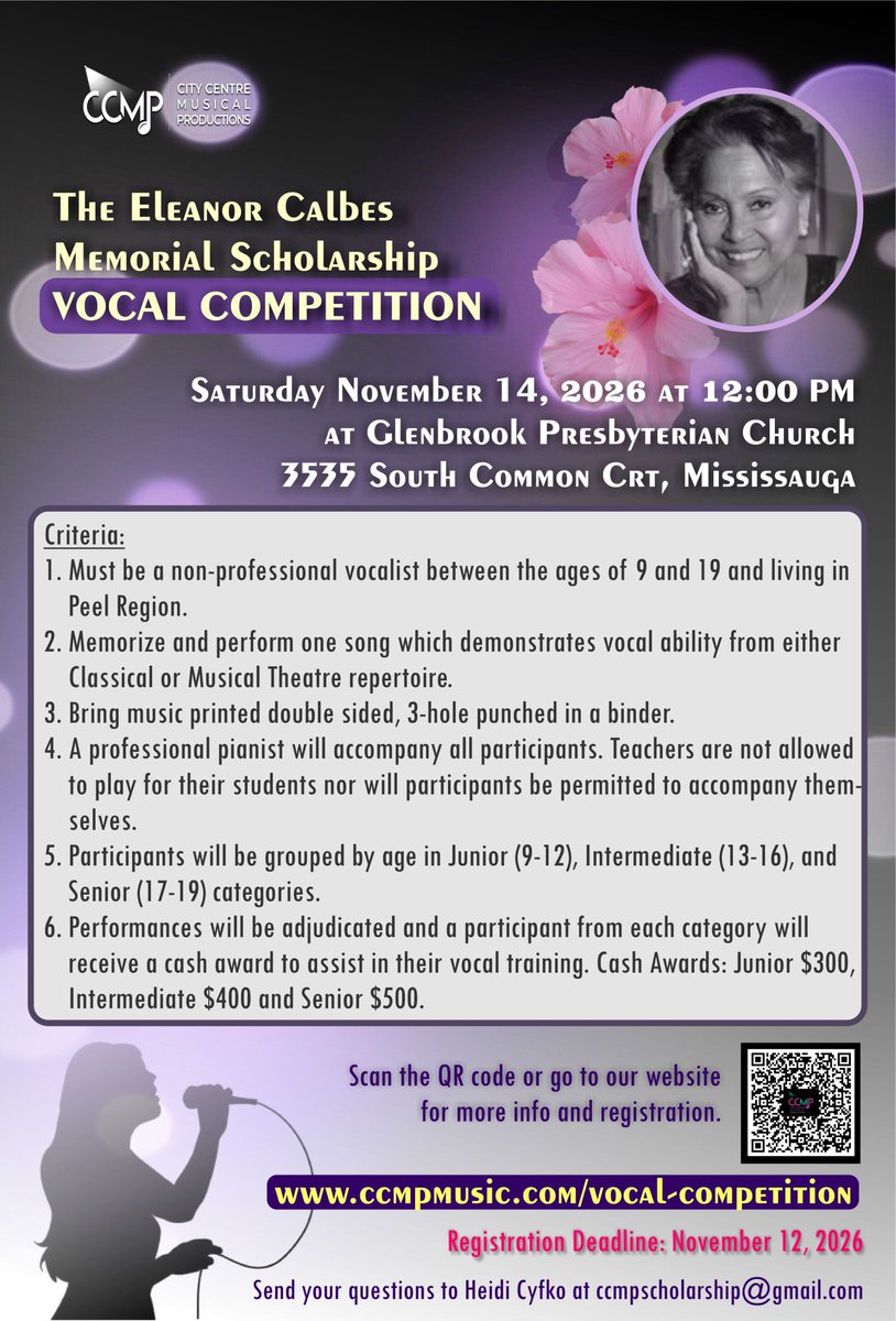 CcmpMusical's tweet photo. Calling all non-professional vocalists, 9-19 residing in Peel Region. We want to hear you sing!
Learn about our Founder, the competition and last year's winners. Visit https://t.co/KEAoxRcoc9
Hope to see you there! @Mississauga_Cal #saugalive #youngsingers https://t.co/VLv7RZHgaf