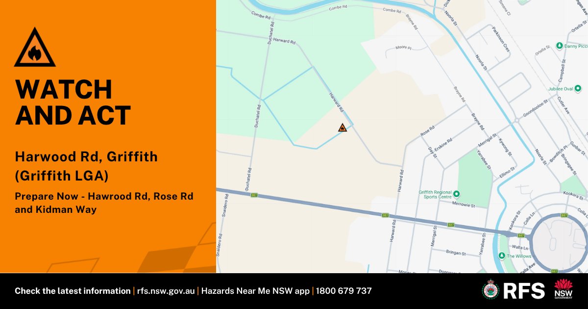 NSWRFS's tweet photo. Firefighters are working to contain a grass fire burning in the vicinity of Harwood Rd in Griffith. The fire is moving in a southerly direction under northerly winds towards Kidman Way. Residents along Harwood Rd, Rose Rd and Kidman Way should prepare now. https://t.co/7FBdD0C66c https://t.co/S2uEamtLU9