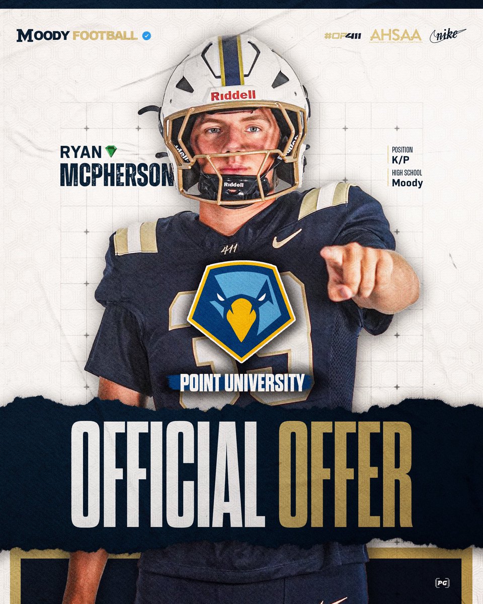 MoodyFBall's tweet photo. Congratulations to @ryanmcpherson08 on an OFFER from @PointFootball Ⓜ️

#OP411 #ProtectTheFamily https://t.co/eYU43t8cCL