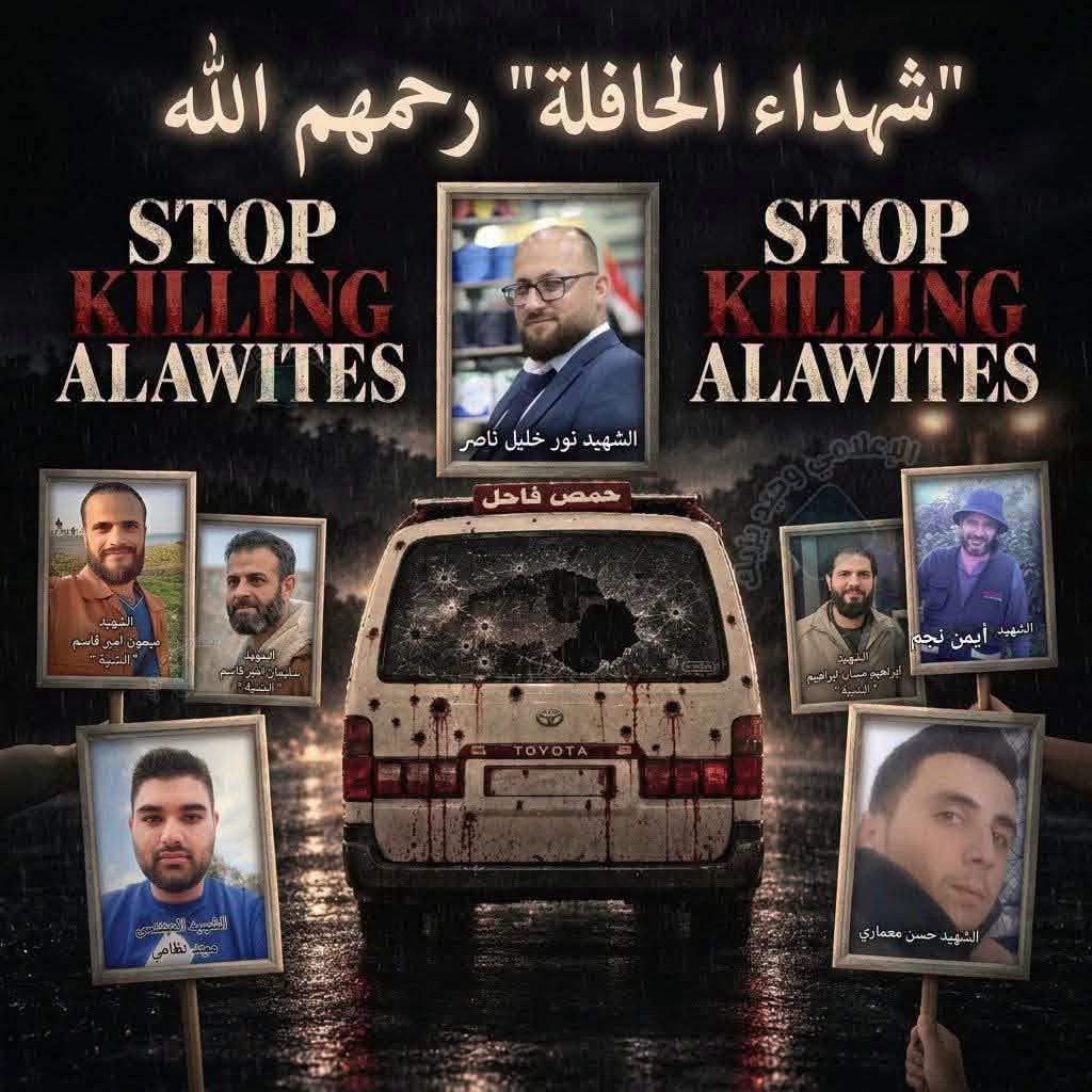 TheAlawiteEcho's tweet photo. Seven #Alawite civilian workers were killed and four wounded when an armed terrorist group attacked their van near Masyaf, Western Syria, on September 30, 2026. https://t.co/RdtPYvICmP