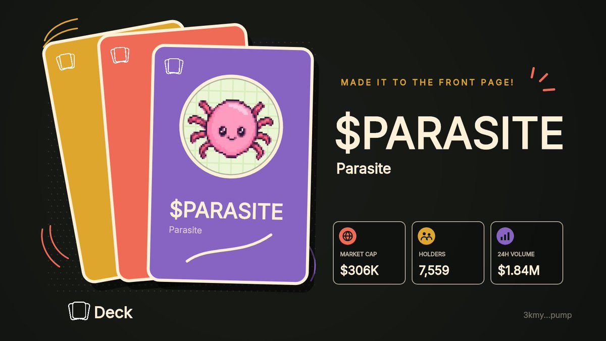 deckfrontpage's tweet photo. $PARASITE is on the front page of Deck!

Parasite
Market Cap: $306K, Holders: 7,559

3kmygWKZBkCYrgZHKfiuB9UFKTcDLTFFsKo3BWpmpump

https://t.co/rIlECmiqqf

Follow @deckdotfun to learn more about Deck. https://t.co/w01lRYFTkN